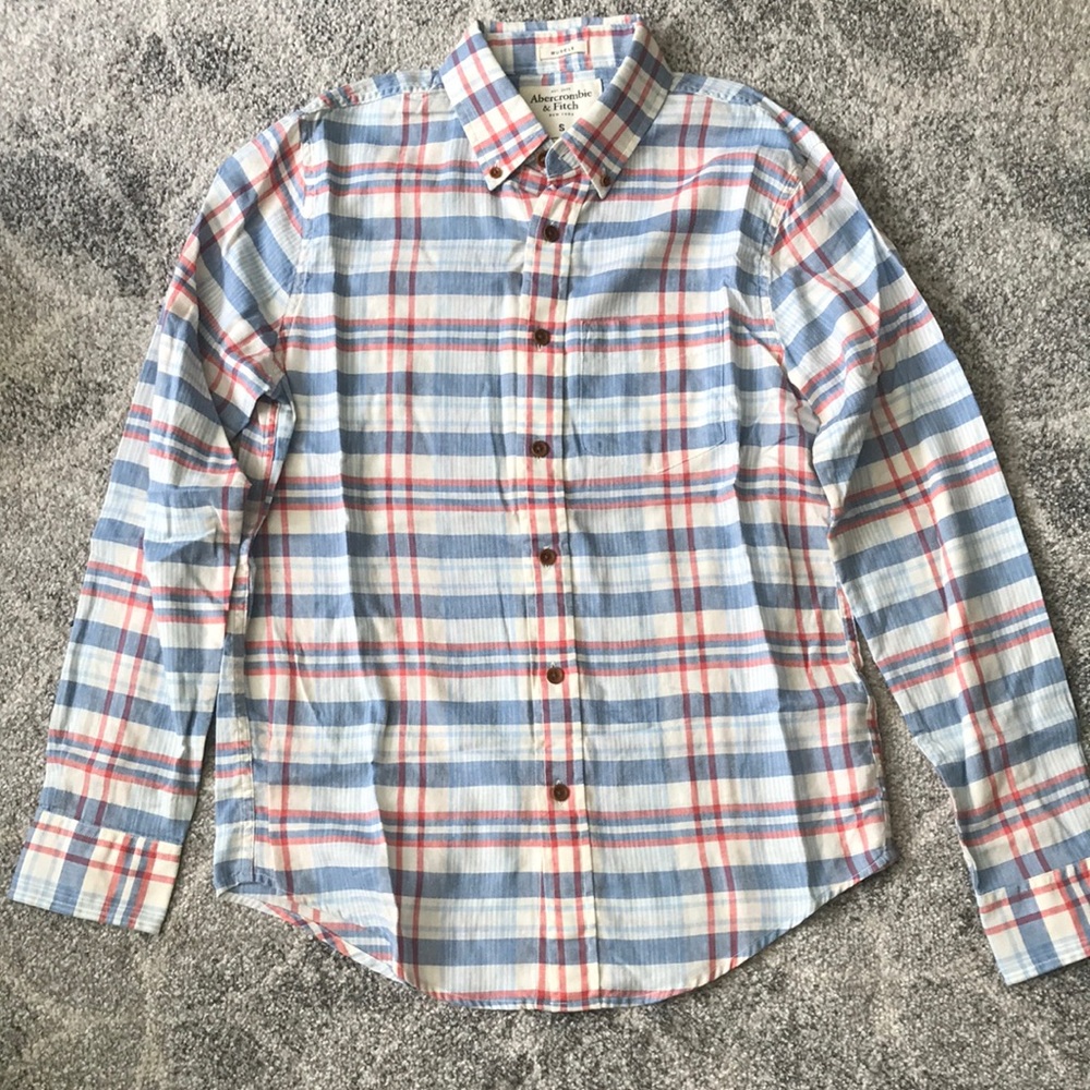 Abercrombie & Fitch red/white/blue plaid button down shirt, small, cotton/linen